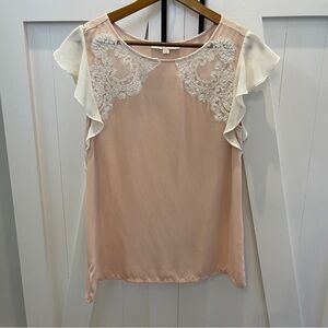 LOFT blush pink flutter sleeve lace detail top M